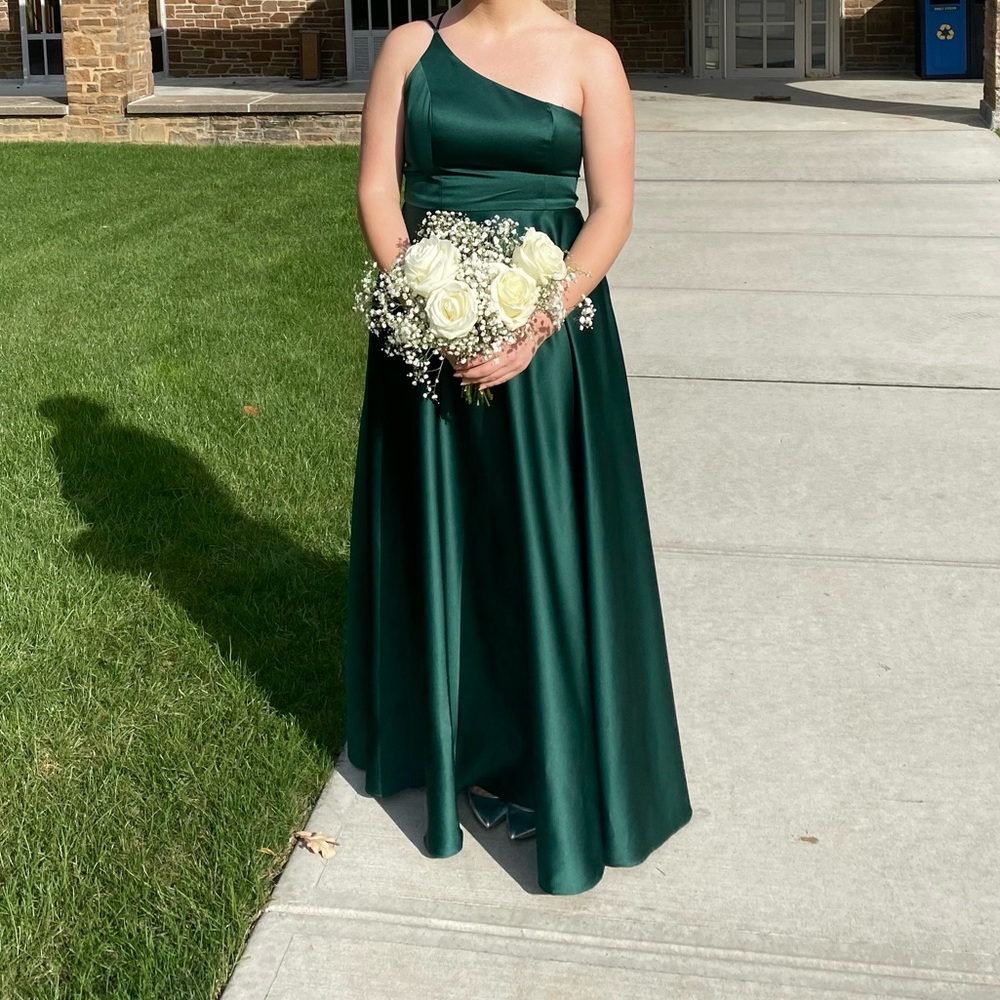 Green satin off the shoulder David’s bridal bridesmaids dress